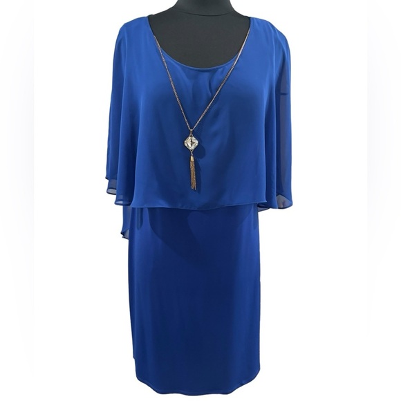 glamour nights Dresses & Skirts - Royal Blue Sleeveless Dress with attached Pendant & Sheer Draping Cape-size 14